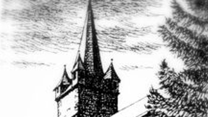 Skizze einer historischen Kirche mit hohem Kirchturm, umgeben von Grünflächen und Steinmauern.