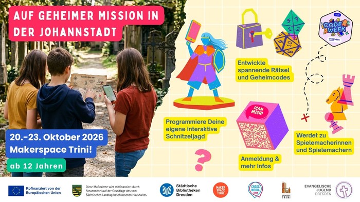 „Geheime Mission – ein Event für Kinder ab 12 Jahren im Dresdner MakerSpace Trini mit Coding, Rätseln und Spieleentwicklung.“