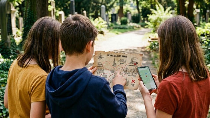 Drei Personen erkunden einen Park mit einer Karte und einem Smartphone zur Orientierung in einer malerischen Freiluftlandschaft.