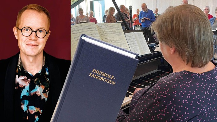 Collage med Mathias Hammer, Højskolesangbogen og fællessang