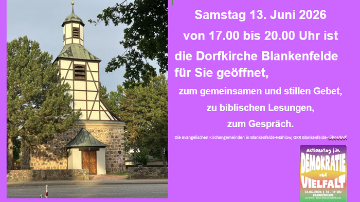 Einladungsplakat für eine Gebetsveranstaltung zum Feiern der Vielfalt in der Dorfkirche Blankenfelde am 13. Juni 2026.
