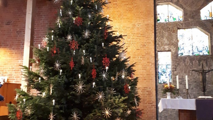 Weihnachtsbaum in Kirche mit Krippenfigur
