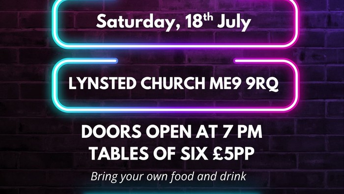 Quiz Night event poster for Kingsdown Creekside & High Downs on 18th July at Lynsted Church.
