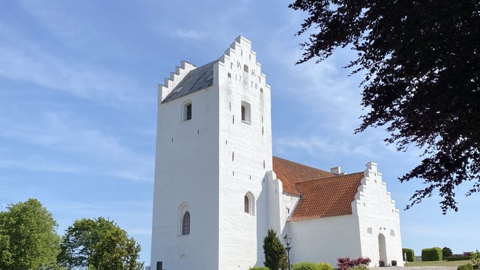 Et hvidt kloster med tårn og røde tag i en træket garden