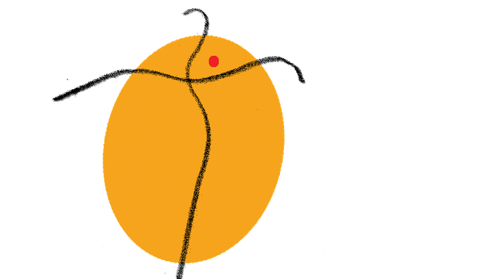 Ein orangefarbener Ballon mit zwei Linien und einem Punkt schwebt über dem krakeligen Text 