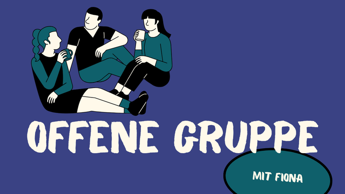 Illustration einer offenen Gruppensitzung mit drei Personen, beschriftet mit „OFFENE GRUPPE MIT FIONA“.
