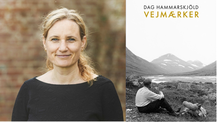 Kvinde smilende ved siden af en bogomslag med et naturmotiv og titlen