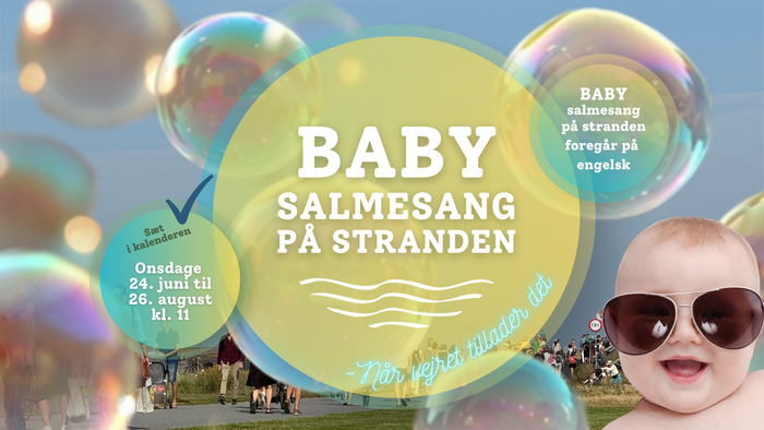 En munter plakat, der promoverer en strandbaby-vuggevisebegivenhed med sæbebobler og en smilende baby.