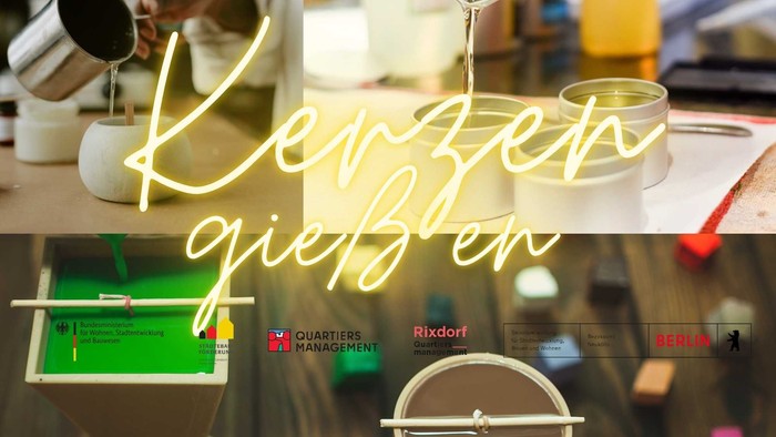 Gefäße mit flüssigem Wachs in grün und braun. Wir sehen wie das Wachs in Gefäße eingefüllt wird. Logo leiste Förderung durch das Quatiersmanagement