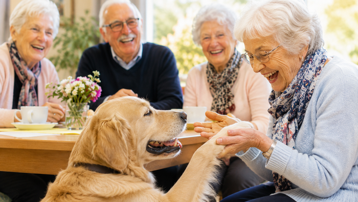 In einem hellen Gemeinschaftsraum sitzt eine Gruppe älterer Menschen bei Kaffee und Kuchen an einem Tisch. Im Vordergrund hält eine lachende Seniorin die Pfote eines freundlichen Golden Retrievers, der ihr aufmerksam gegenübersitzt. Die anderen Teilnehmen