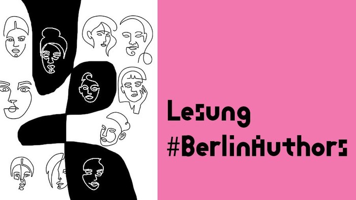 Gesichter als Linienzeichnung in schwarz-weiß, Text