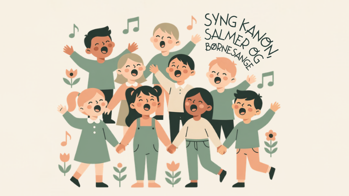 Et glad børnekor, der synger sammen med glade ansigtsudtryk og musiknoder omkring dem.