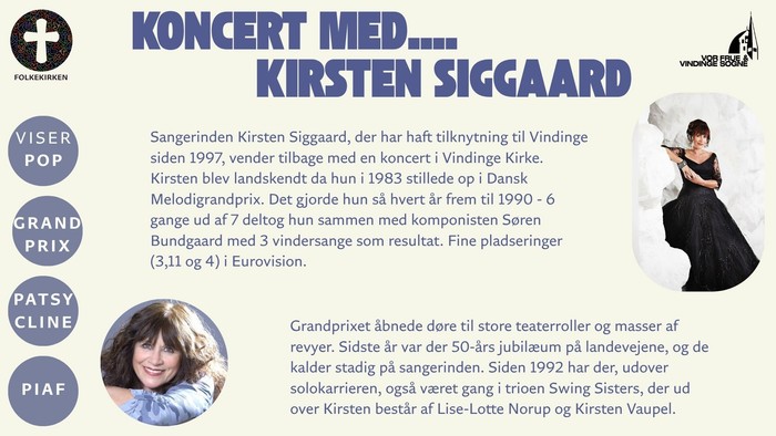 En koncertplakat, der annoncerer Kirsten Siggaards optræden i Vindinge Kirke den 25. oktober, med detaljer om hendes karrierehøjdepunkter.