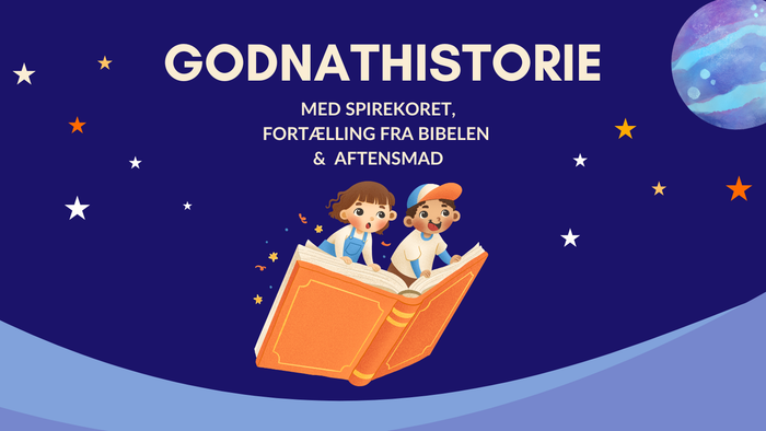 Børn læser i stor bog under stjerner og planet.