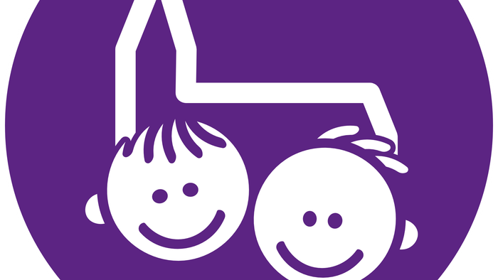 Illustriertes Logo mit zwei lächelnden Gesichtern, die auf einem Tandemfahrrad fahren, wobei eine Person in die Pedale tritt.