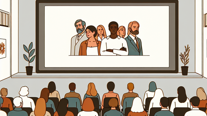 Et forskelligartet publikum ser en paneldebat eller præsentation på en stor skærm.