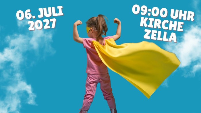 Einladungsplakat für eine Kindergarten-Jahresabschlussveranstaltung mit einem Kind im Superhelden-Umhang, am 6. Juli 2027.
