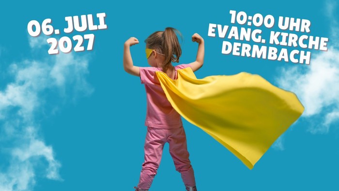 Einladungsplakat für eine Kindergarten-Jahresabschlussveranstaltung mit einem Kind im Superhelden-Umhang, am 6. Juli 2027.