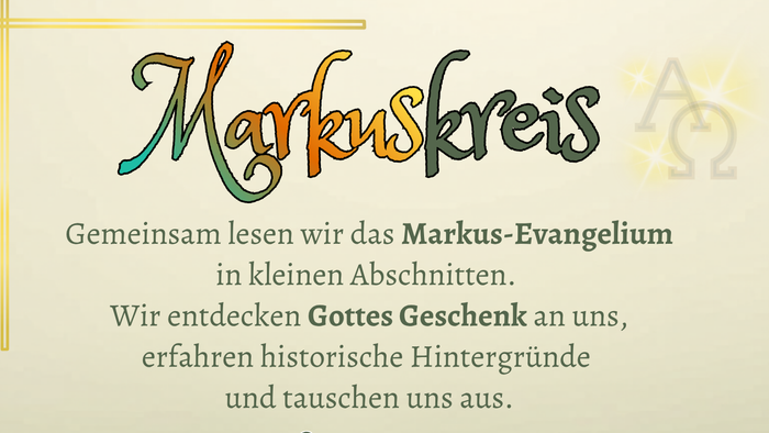 „Eine Einladung zu einer monatlichen Gemeinschafts-Lerngruppe, die gemeinsam das Markusevangelium in einem Kirchenraum liest.“
