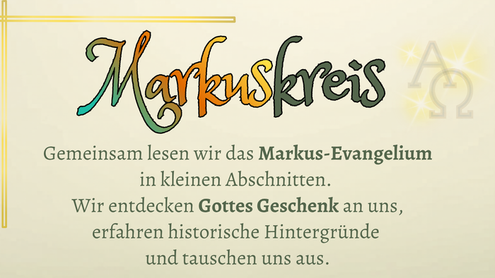 „Eine Einladung zu einer monatlichen Gemeinschafts-Lerngruppe, die gemeinsam das Markusevangelium in einem Kirchenraum liest.“