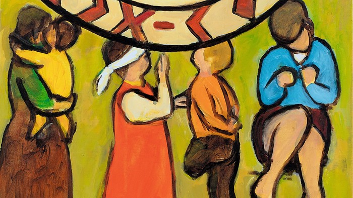 Ein farbenfrohes Gemälde zeigt Menschen, die unter einem Banner mit Trauben und Herzen tanzen