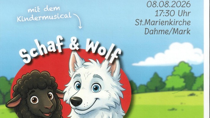 Plakat für eine Familien-Singwoche mit dem Musical „Schaf & Wolf“ am 8. August 2026 – ein Fest für Selbstliebe und Toleranz.