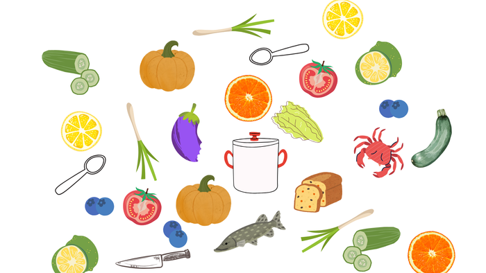 Illustrierte Sammlung verschiedener Früchte, Gemüse, Küchenutensilien und Meeresfrüchte im Zusammenhang mit den kulinarischen Traditionen Brandenburgs.
