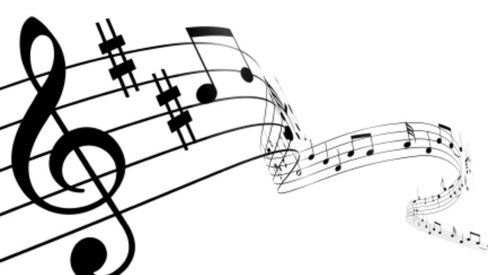 Billedet viser musiknoter og symboler på et hvidt baggrund.