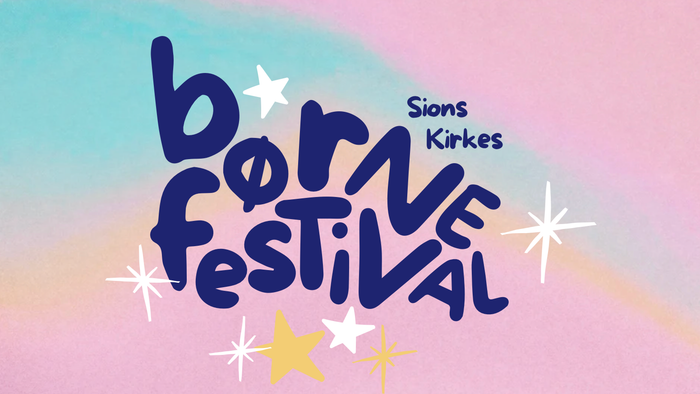 Farverigt logo til Borne Festival med navnene Sions Kirkes og stjernedekorationer.
