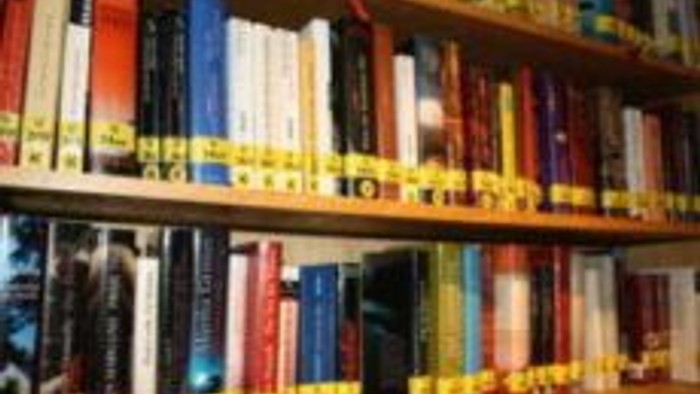 Foto von Buchrücken in einem Bücherregal in der Bücherei.