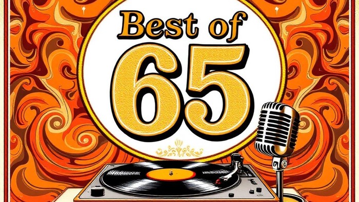 Vintage-Stil-Grafik, die das „Best of 65“ feiert, mit Plattenspieler und Mikrofon auf retro Hintergrund.