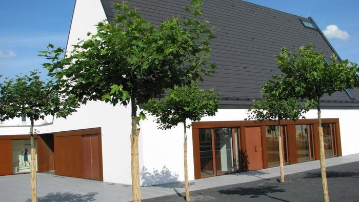 Modernes Haus mit großen Fenstern und drei Bäumen davor