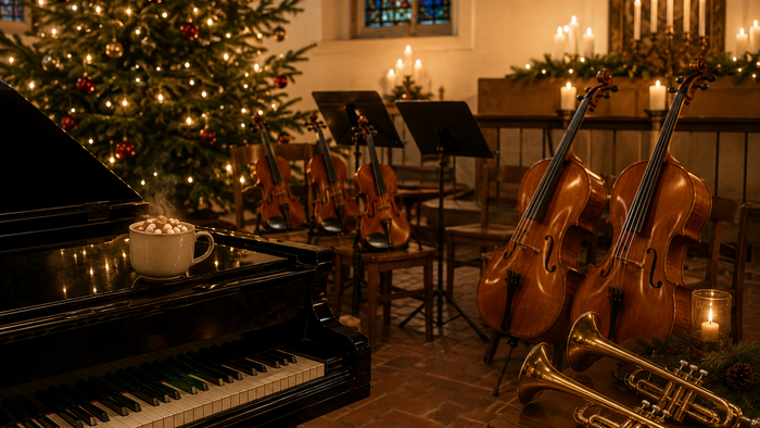 En hyggelig julekoncertscene med en flygel, strygeinstrumenter, messingblæsere og en varm feriestemning.