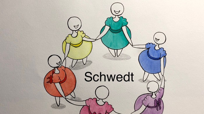 Bunte Cartoon-Frauen, die sich im Kreis an den Händen halten, mit dem Namen **