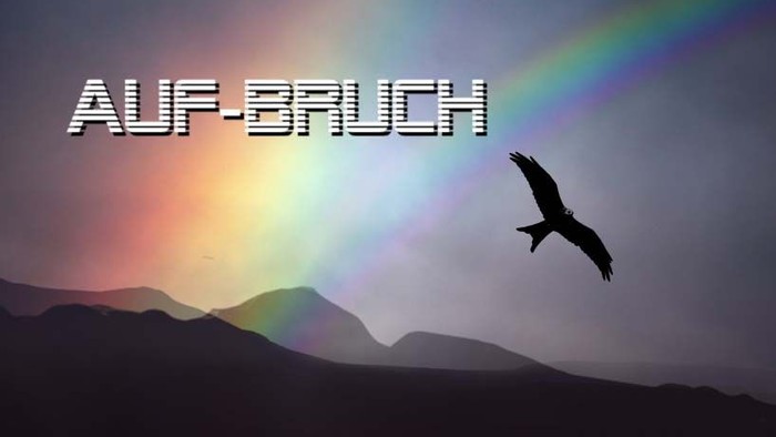 Ein Raunbogel vor einem Regenbogen