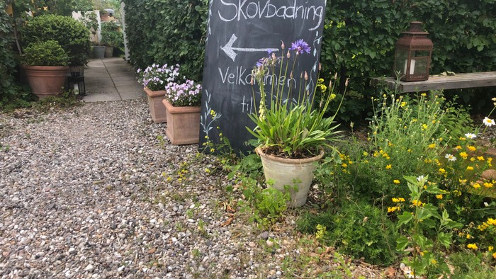 En skovbadsindgang med blomsterpletter og skilt med velkomstbesked