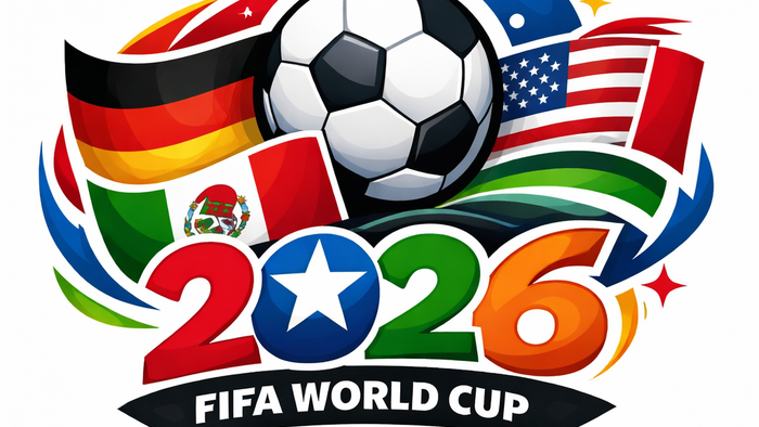 Logo zur Feier der FIFA-Weltmeisterschaft 2026 mit einem Fußball und Nationalflaggen.