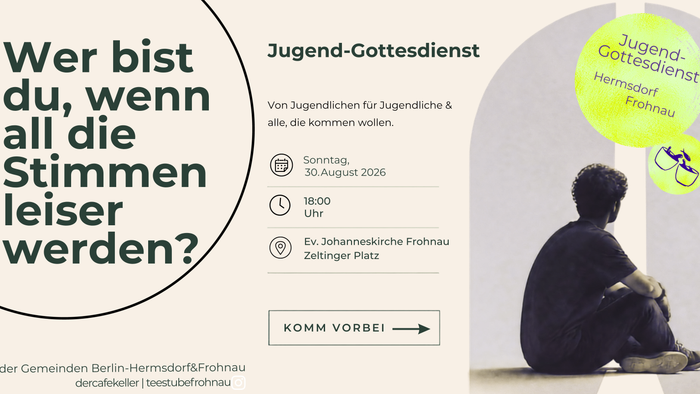 Jugendgottesdienst lädt Teenager zu einer ruhigen, besinnlichen Kirchenveranstaltung am 30. August 2026 ein.