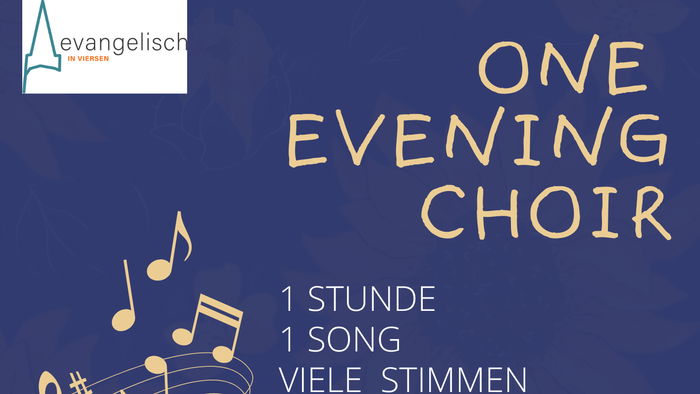 Blaues Plakat mit gelben Noten und geschwungener Notenlinie