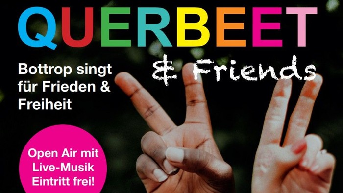 Ein Friedenskonzert-Plakat für „Querbeet & Friends“ mit einem Friedenszeichen und Details zur Live-Musik-Veranstaltung.