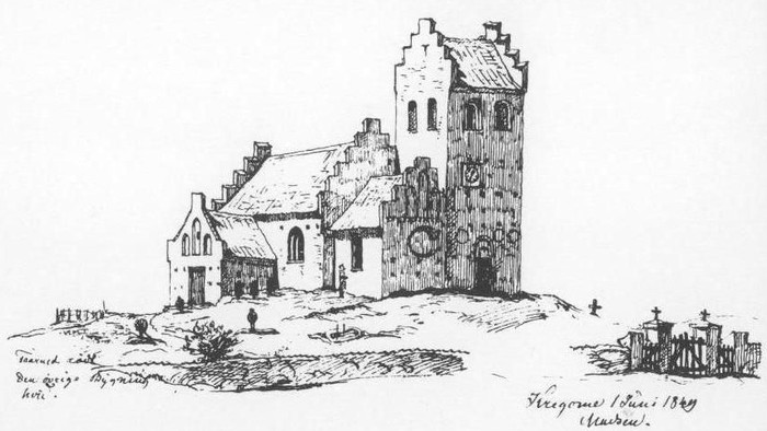 Tegnelse af kirke og præstegård i 1849