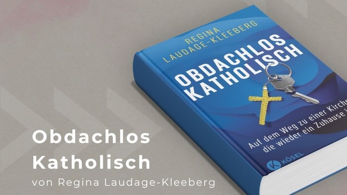 Plakat zur Bewerbung einer Buchveranstaltung mit dem Titel *„Obdachlos katholisch“* von Regina Laudage-Kleeberg inklusive Veranstaltungsdetails.
