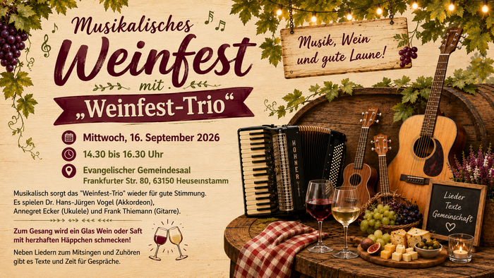Werbegrafik für ein musikalisches Weinfest. Vor einem dekorierten Weinfass stehen Akkordeon, Ukulele und Gitarre. Daneben sind Weingläser, Trauben und Häppchen arrangiert. Weinlaub, Lichterketten und musikalische Noten schaffen eine festliche Atmosphäre.