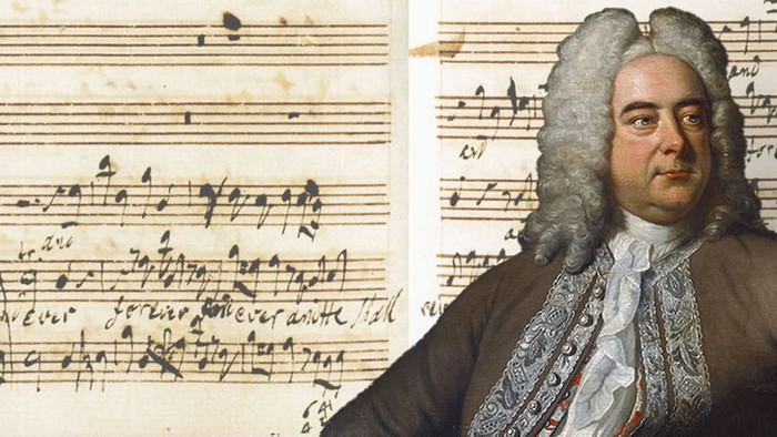 Barocker Komponist mit aufwendiger Perücke, der Notenblätter hält, umgeben von seiner musikalischen Notation.