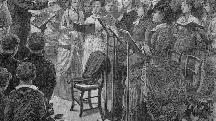Historical illustration of a choir singing, with women in long dresses and men in suits, some holding songbooks.