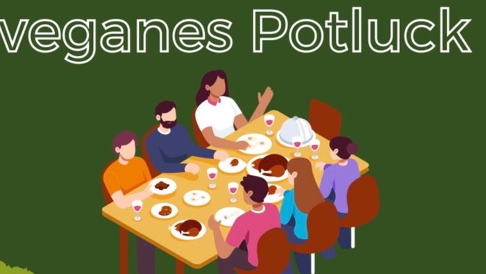 Einladung zum veganen Potluck-Event mit gemeinsamem Essen und geselligem Beisammensein im Freien.