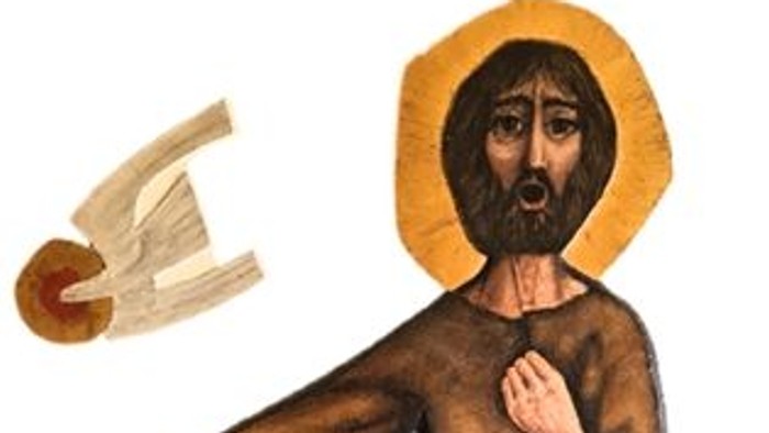 Das Bild zeigt eine Darstellung von St. Johannes d. Täufer in einer Robe, mit einem Lamm und einer Schriftrolle.
