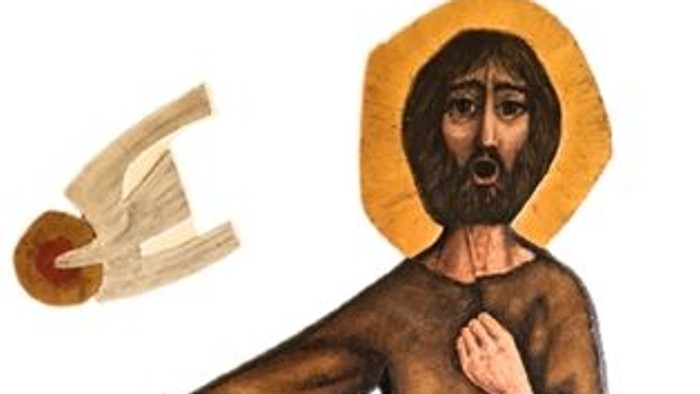 Das Bild zeigt eine Darstellung von St. Johannes d. Täufer in einer Robe, mit einem Lamm und einer Schriftrolle.