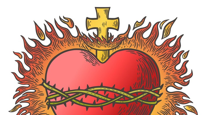 Ein flammendes Herz mit Dornen und Kreuz, symbolisch und lebhaft dargestellt