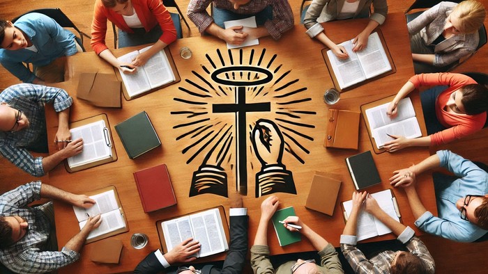 Eine Gruppe von Menschen sitzt im Kreis und liest in Bibeln, mit einem Kreuz-Symbol in der Mitte.